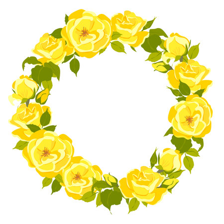 Round vector frame with yellow roses. Floral wreath in flat style. Logo template, floral frame for wedding, anniversary greeting card.のイラスト素材