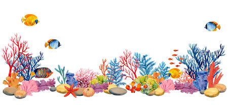 Coral reefs with tropical fish, rocks and algae. Underwater landscape. Bright watercolor illustration. The plot for the design of banners, souvenirs, postcards, posters, design and printingの写真素材