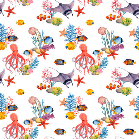 Tropical fish, bright, colorful with corals and marine animals. Watercolor illustration. Seamless pattern on a white background. For the design of fabrics, textiles, wallpapers, prints.の写真素材