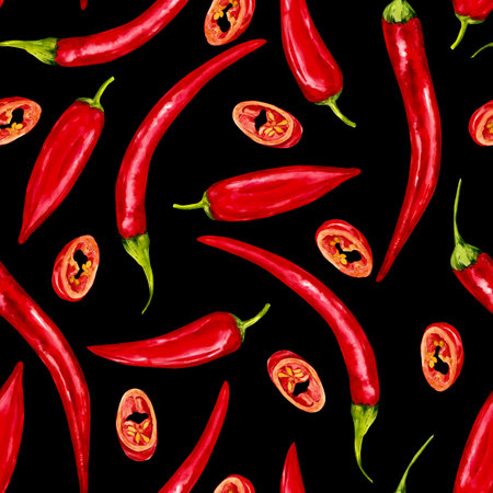 Watercolor seamless pattern with hand drawn chili peppers. Hot red pepper and paprika on a black background. Illustration for packaging, menu, ideal for kitchen textiles.の写真素材