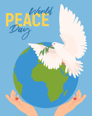 Peace Day. Hands hold a globe, earth. Dove with an olive branch. Flat illustration in cartoon style. Vector. The concept of hope, sign of freedom and independence, a manifestation of the holy spirit.の写真素材
