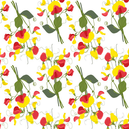 Seamless vector pattern with sweet pea flowers. Floral pattern for wallpaper or fabric, textile. Red and yellow summer flowers and green foliage on a white background.のイラスト素材