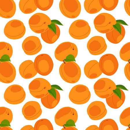 Apricot seamless pattern. Vector. Fruits whole and cut into pieces on a white background. Summer tropical endless background for label, fabric, packaging.のイラスト素材