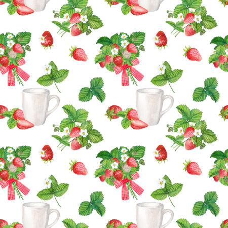 Seamless pattern with red strawberries on a white background. Watercolor illustration for textile, wrapping paper. Bright background with farm ripe berries.の写真素材