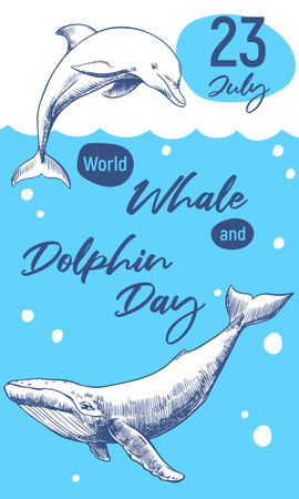 World Whale and Dolphin Day July 23rd. Vector vertical poster. Whales are drawn by hand, engraving technique, line drawing. Sea animals swim in the ocean Environmental protection concept. Ocean day.のイラスト素材