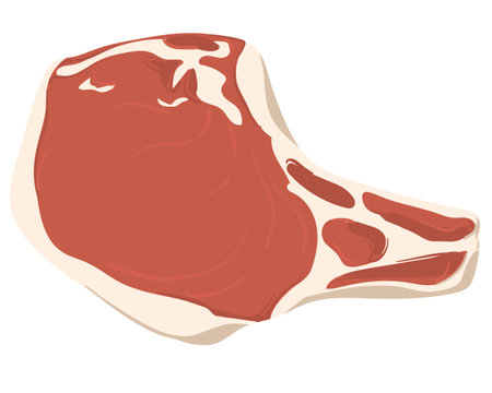 Piece of beef with bone. Sliced piece of ribeye raw fresh fleshy with pulp. Vector illustration in a flat style. Steak on a white plate in cartoon style.のイラスト素材