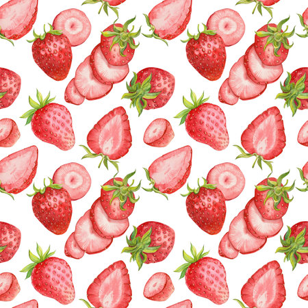 Strawberry background on a white background. Watercolor seamless texture of ripe red berries for summer cover, botanical wallpaper pattern, product packaging, textile.の写真素材
