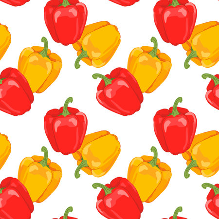 Vector seamless pattern with bell pepper. Yellow and red paprika on a white background. Bright, juicy, summer vegetables. Wallpaper, print, textile design, wrapping paper.のイラスト素材