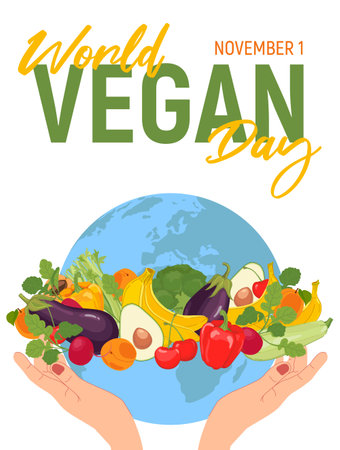 World Vegetarian Day. The concept of the importance of food safety, responsible nutrition and the elimination of food waste. Human hands hold the globe. Food in flat style.のイラスト素材