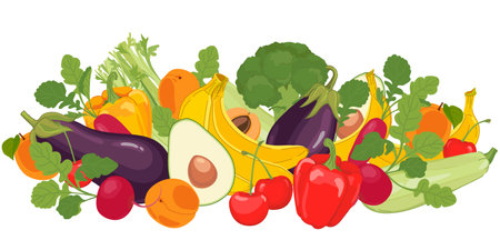 Set of products, healthy food. Fruits and vegetables on a white background. Flat vector illustration of vegetarian food. Harvest in cartoon style.のイラスト素材