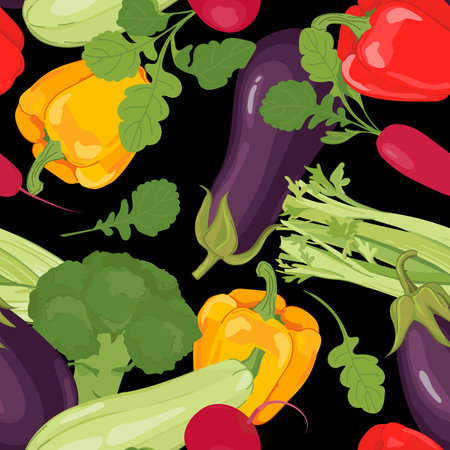 Vegetable seamless pattern. Vector products in flat style. Eggplant, zucchini, broccoli, bell pepper, radish and celery on a black background. Design for wallpaper, fabric, packaging.のイラスト素材