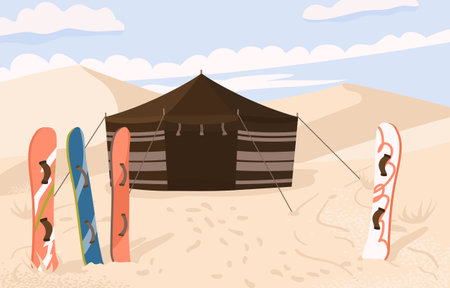 Sandboarding camp in the desert. Tent and boards for skiing on the dunes. Vector illustration. An active sport in hot countries.のイラスト素材