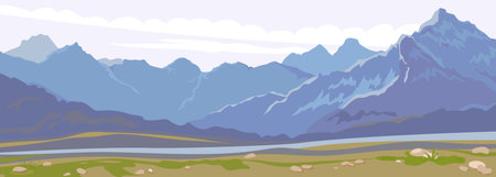 Picturesque landscape with mountains, high mountain valley, river. Panoramic view of distant mountains and blue sky. Picturesque nature. Vector illustration, silhouettes of mountains.のイラスト素材
