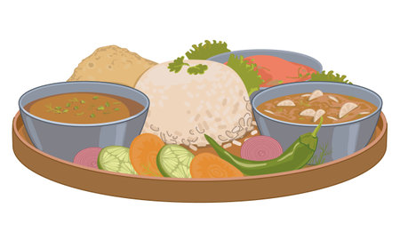 Nepalese Thali Set (Dal Bhat), Vegetarian dish. Vector, flat style. White boiled rice, curry, flatbread, sauce, yashgurt, vegetables, dal, spicy seasonings. Simple food for strength in the mountains.のイラスト素材