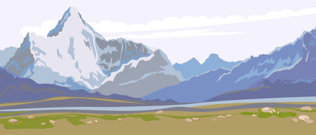 Picturesque landscape with mountains, high mountain valley, river. Panoramic view of distant mountains and blue sky. Picturesque nature. Vector illustration, silhouettes of mountains.のイラスト素材