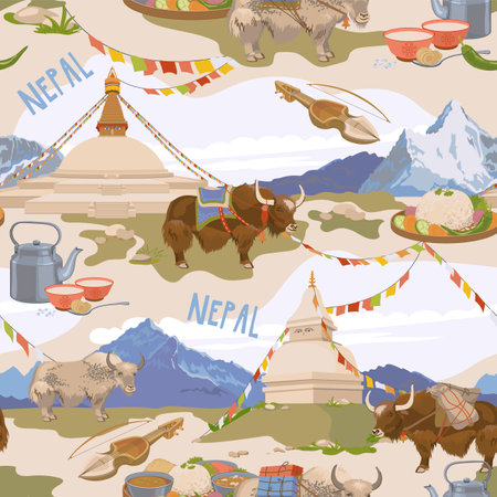 Attributes of Nepalese culture. Seamless pattern. Vector, flat style. Mountains, Buddhist stupa, tea with butter and salt, karangi, vegetarian Nepalese Thali set (Dal Bhat), yak.のイラスト素材