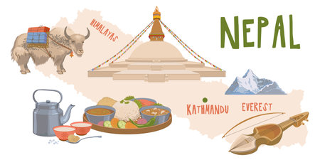 Map of Nepal with attractions. Traditional dishes, food products, Buddhist household items. Boudhanath, a yak with a load. Vector illustration for the design of travel brochures, tourist maps.のイラスト素材