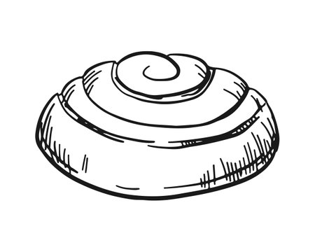 Kanelbulle cinnamon and sugar bun. Vector in engraving style. Traditional dessert in Scandinavia and North America. Linear illustration on a white background.のイラスト素材