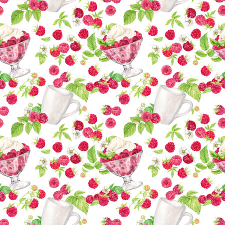 Raspberries with whipped cream and tea, dessert on a white background. Watercolor seamless background with summer red berries. Illustration for spring cover, summer textile, wedding invitation.の写真素材