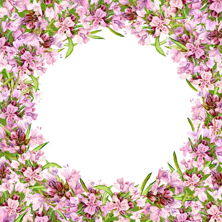 Watercolor drawing of broadleaf thyme isolated on white background. Blooming flowers are collected in a frame. Fragrant kitchen herbs for herbal tea. Mediterranean cuisine ingredientsの写真素材