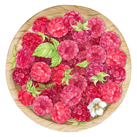 Ripe strawberries in a bowl, top view. Watercolor illustration. Ripe berries on a wooden plate, village honor. Farm harvest, red garden berries on a white background.の写真素材