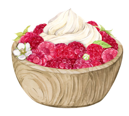Ripe strawberries in a bowl. Ripe berries and whipped cream. Watercolor illustration. Healthy eating concept. Rustic drain.の写真素材