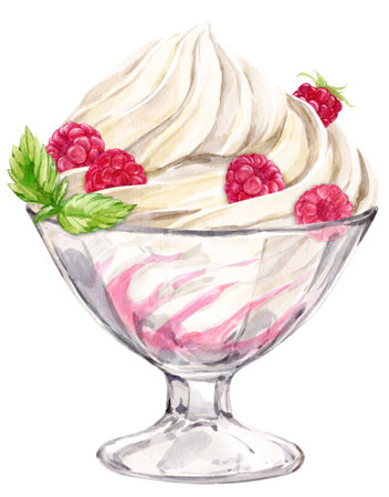 Whipped cream and ripe raspberries in a dessert glass. Watercolor illustration. Refreshing summer dessert, frozen yogurt and berries, mint. Clipart for cafe, restaurant menu.の写真素材