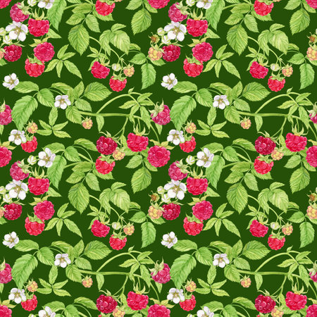 Raspberry branches on a green background. Watercolor seamless background with summer red berries. Illustration for spring cover, summer textile, wedding invitation. Red berries, flowers, leaves.の写真素材