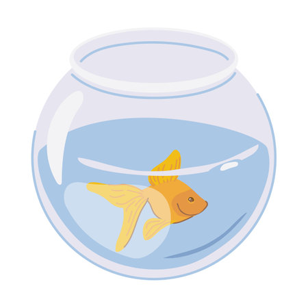 A goldfish swims alone in a round aquarium. Vector bright orange fish in flat style. A pet in fishbowl on a white background.のイラスト素材