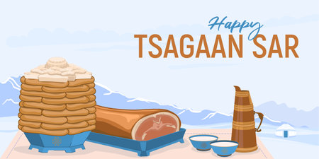 Traditional dishes for the celebration of the Mongolian New Year - Tsagaan Sar. Pies and cottage cheese. Roasted sheeps groats and milk tea against the backdrop of a winter landscape. Vector.のイラスト素材
