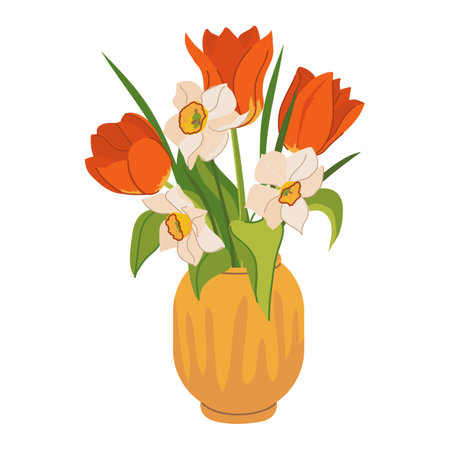 Red tulips vase in flat style on white background. Spring bouquet. Vector illustration.のイラスト素材