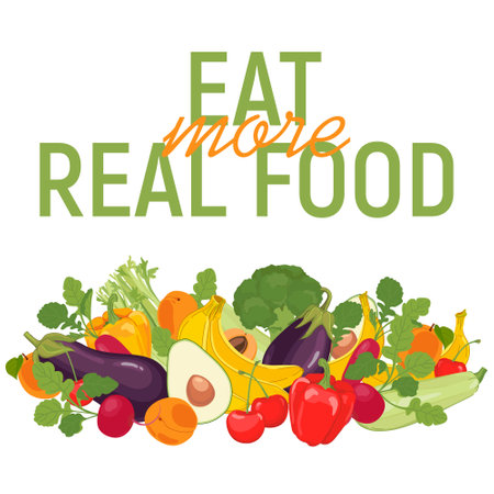 Poster encouraging people to eat more natural fruits and vegetables. vector farm products on a white background. Radish, broccoli, zucchini, eggplant, banana, cherry, apricot, avocado in cartoon styleのイラスト素材