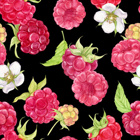 Watercolor raspberries on a black background. Seamless background with summer red berries....