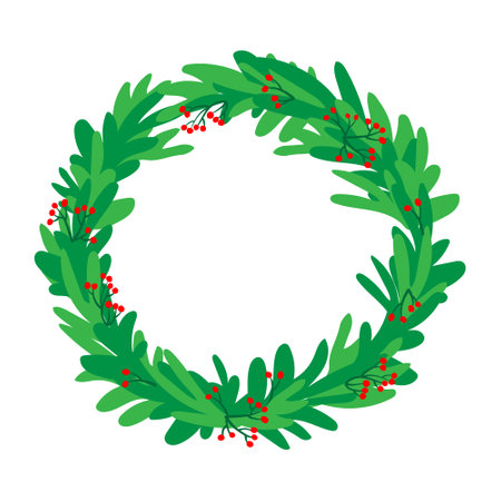 Christmas wreath of evergreen branches on a white background. Green fir branches and red berries. Vector round frame of green leaves, red berries. Winter Christmas holidays 2024.のイラスト素材