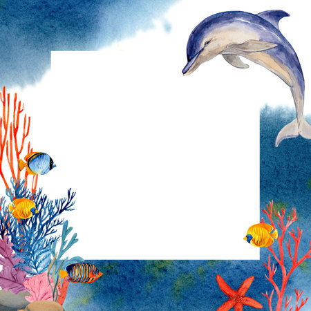 Square frame with tropical bright fish, corals and dolphins. Watercolor illustration with sea splashes and paint stains. For cards, posters, menus, beach and sea accessories. Ocean themed invitations.の写真素材