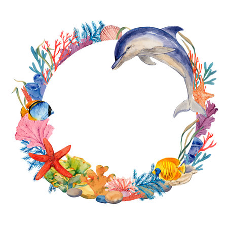 Wreath of sea animals. Watercolor round frame made of corals, algae, fish, dolphin. Clipart for design in tropical style.の写真素材