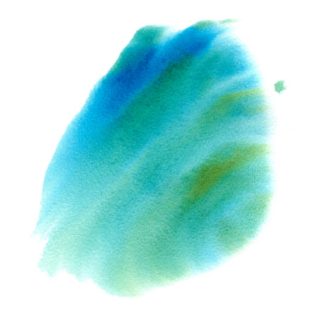 Watercolor stain with paper texture. Abstract spot in sea colors. Soft transitions of blue, turquoise and green, imitation of ocean water. Illustration of paint splashes for the design of cards, invitations, packaging.の写真素材