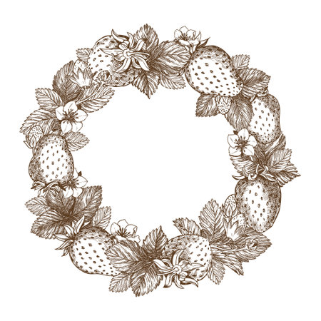 Sketch of a strawberry wreath. Round frame of years, flowers, branches and leaves on a white background. Vector, linear illustration in the style of an old engraving. Packaging images.のイラスト素材