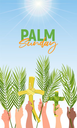 Celebration of Palm Sunday. Hands of people of different nationalities are raised with palm branches against the blue sky. The concept of the unity of the Christian faith. Vector postcard. artoon.のイラスト素材