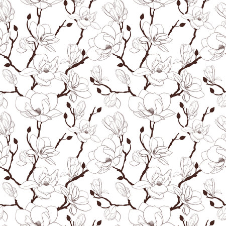 Floral seamless pattern with magnolia flowers, leaves and branches on white background. Vector vintage theme with spring flowers for fabric prints, greeting cards. Botanical wallpaper. Graphic elementのイラスト素材
