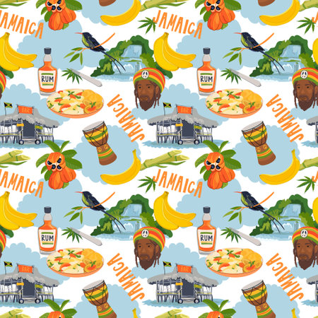 Seamless pattern in Rasta colors. Jamaican vector pattern. Rum, ackee fruit, hummingbird, waterfall, beach bar, rastafarian, giant drum in flat style on white background.のイラスト素材