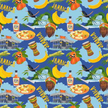 Seamless pattern in Rasta colors. Jamaican vector pattern. Rum, ackee fruit, hummingbird, waterfall, beach bar, rastafarian, giant drum in flat style on blue background.のイラスト素材