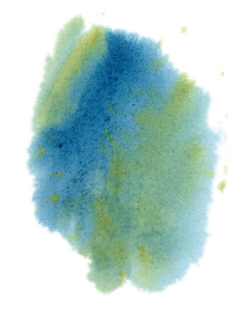 Watercolor stain with paper texture. Abstract spot in the colors of the sea. Soft transitions of blue, turquoise and green, imitation of ocean water. Illustration of paint splashes.の写真素材