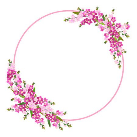 Vector round frame with pink forget-me-nots. Delicate spring flowers and a white background. Template for wedding invitation or congratulations on Mothers Day.のイラスト素材