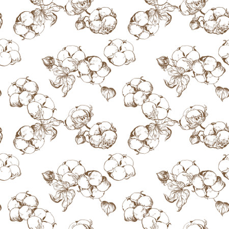 Vector, seamless, black and white pattern of cotton flowers. Botanical illustration using engraving technique. Cotton branches with leaves are drawn with ink. Illustration suitable for fabric, textileのイラスト素材