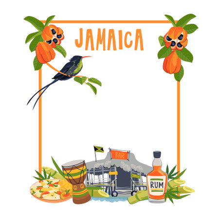 Vertical frame with landmarks of Jamaica. Traditional food, hummingbird, beach bar, national fruit ackee, Rastafarianism, waterfall, rum. Vector for the design of travel brochures, tourist maps.のイラスト素材