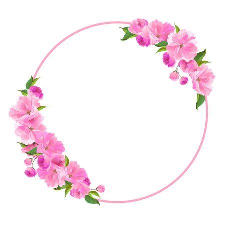 Vector wreath of sakura. Round frame with branches of cherry blossoms. Pink fluffy Sato-zakura flowers on a white background. Composition for a wedding invitation, congratulations on Mothers Day.のイラスト素材