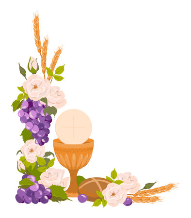 Catholic first communion. Vector. Composition from a golden bowl for wine, bread, wine, grapes, white roses. Beautiful design elements for an invitation to the Holy Eucharist. Decorated altar.のイラスト素材