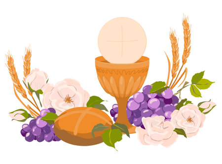 Composition of Christian symbols, attributes of the first communion. Golden bowl for wine, bread, wine, grapes, white roses in flat style. Design elements for an invitation to the Holy Eucharist.のイラスト素材