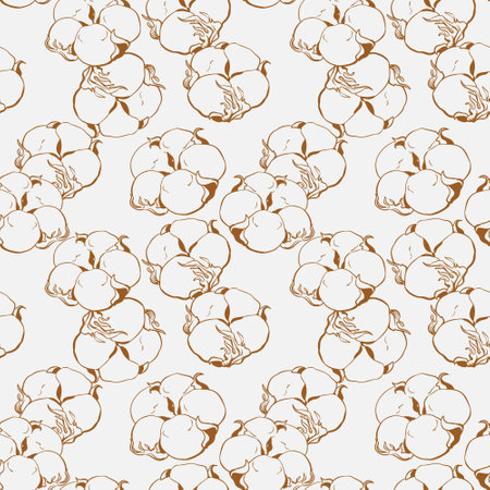 Seamless black and white pattern of cotton flowers. Botanical illustration using engraving technique. Vector ink sketch. Illustration suitable for fabric, textileのイラスト素材